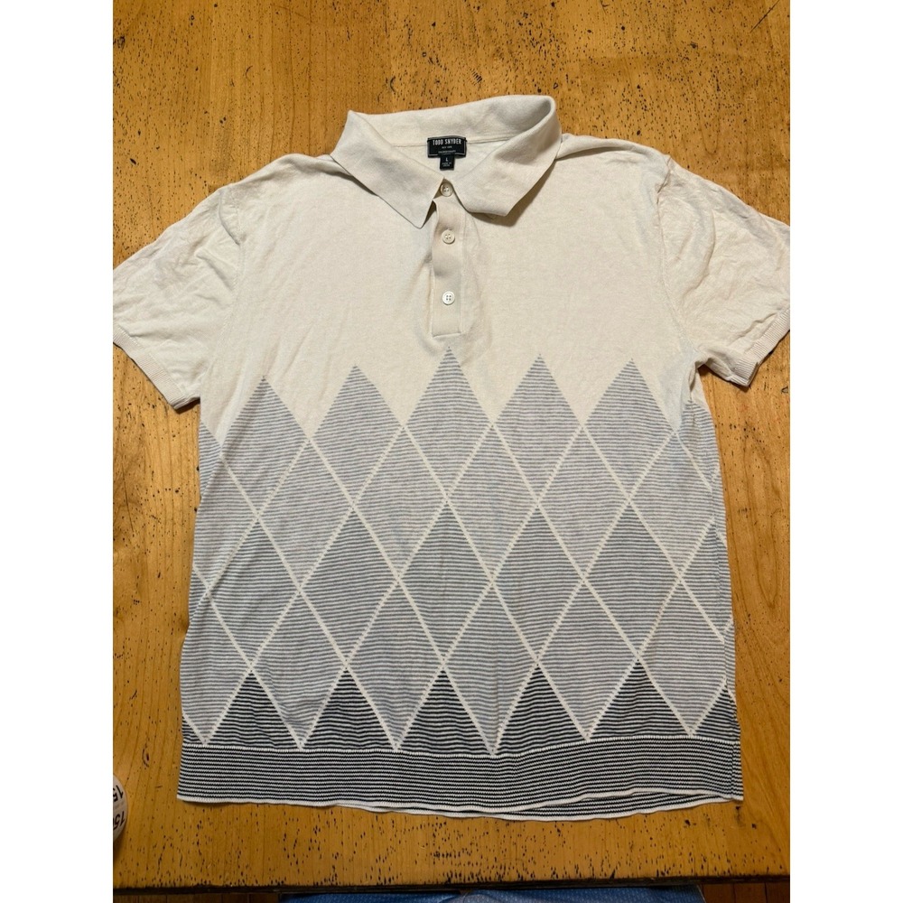 TODD‎ SNYDER Men's L Sweater Polo Shirt Tan Diamond  Pattern Ribbed Silk Cotton
